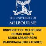 This banner promotes the fully funded Human Rights Scholarship 2026 offered by the University of Melbourne for graduate research students.