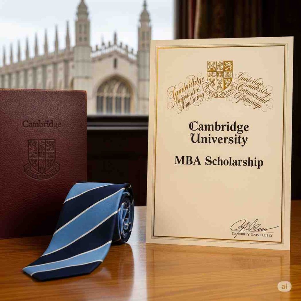 A prestigious Cambridge University MBA scholarship certificate, with ornate gold foil lettering and the university's crest, displayed on a polished wooden desk alongside a Cambridge University tie and a leather-bound book. King's College Chapel is visible in the blurred background.