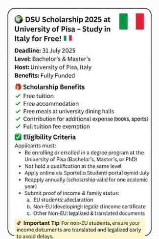 DSU Scholarship 2025 at University of Pisa – Fully funded opportunity to study in Italy with benefits like free tuition, accommodation, and meals.