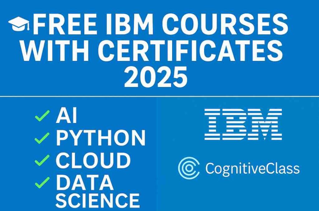 Promotional banner for IBM's free online courses in AI, Data Science, Python, and Cloud Computing on CognitiveClass.ai