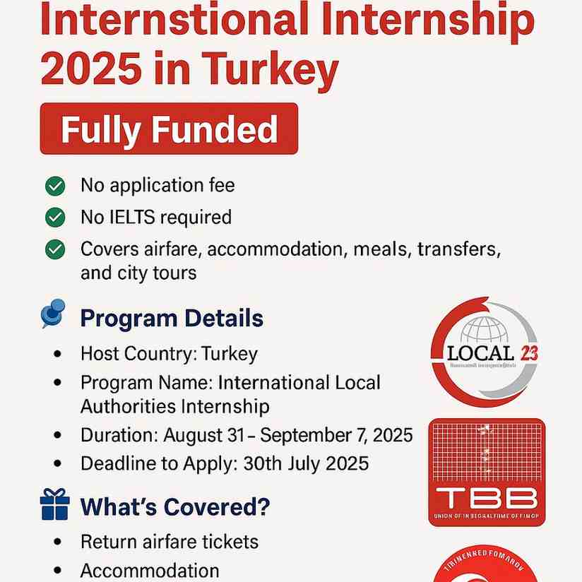 Promotional banner for the International Internship 2025 in Turkey – Fully Funded program by the Union of Municipalities of Türkiye
