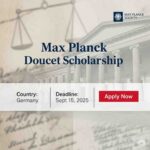 Infographic for Max Planck Doucet Scholarship 2026 showing 'Country: Germany', 'Deadline: Sept 15, 2025', and an 'Apply Now' button, with a blurred background of a legal academic building