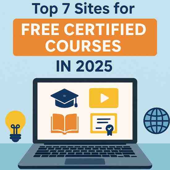 Laptop screen showing educational icons for certified online courses in 2025
