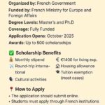 Infographic summarizing the Eiffel Excellence Scholarship 2026 for Master's and Ph.D. students in France