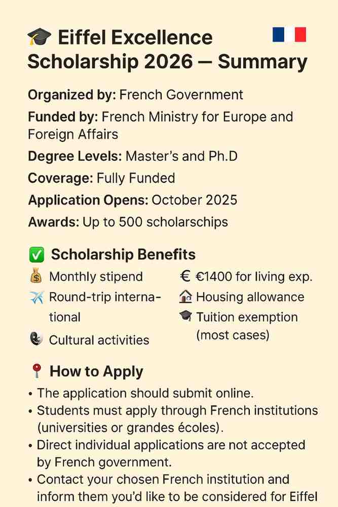 Infographic summarizing the Eiffel Excellence Scholarship 2026 for Master's and Ph.D. students in France