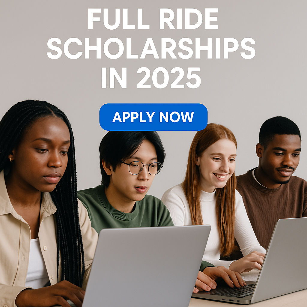 Four diverse students applying for full ride scholarships in 2025 on laptops.