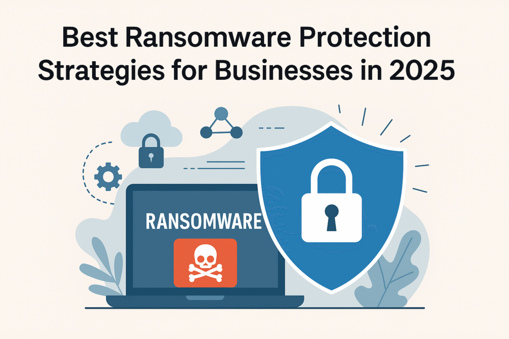 Shield icon representing ransomware protection for businesses in 2025 with a locked laptop and cybersecurity elements