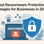 Shield icon representing ransomware protection for businesses in 2025 with a locked laptop and cybersecurity elements