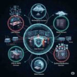 Visual representation of the 7 domains of IT infrastructure security: User, Workstation, LAN, LAN-to-WAN, WAN, Remote Access, and Server domains, showing their interconnectedness and protective measures.