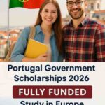Two international students with books smiling in front of a Portugal cityscape and flag, promoting the fully funded Portugal Government Scholarships 2026.