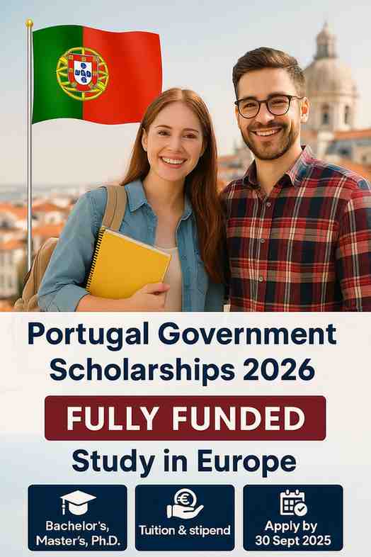 Two international students with books smiling in front of a Portugal cityscape and flag, promoting the fully funded Portugal Government Scholarships 2026.