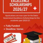 Promotional visual for Swiss Government Excellence Scholarships 2026/27 showing fully funded study opportunity in Switzerland