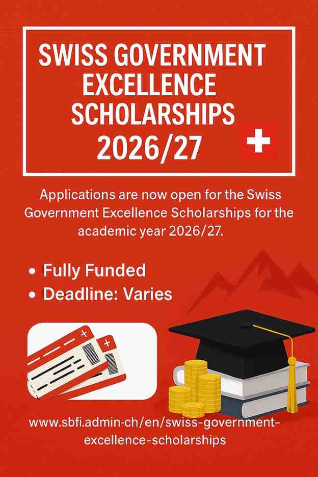 Promotional visual for Swiss Government Excellence Scholarships 2026/27 showing fully funded study opportunity in Switzerland